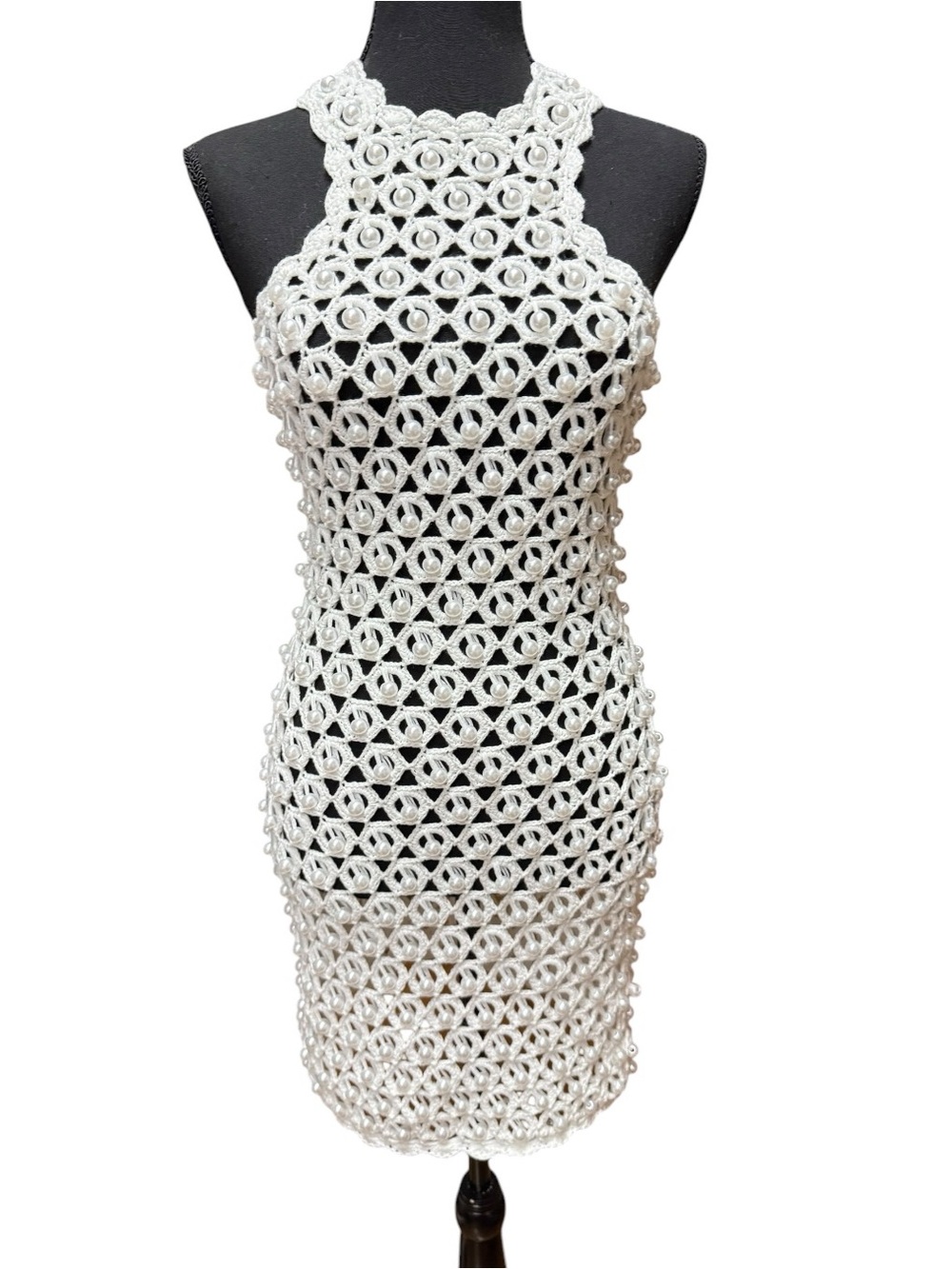 NovaLuxe Crochet Halter Faux Pearl Mini Dress Cover up White XS - Picture 3 of 11